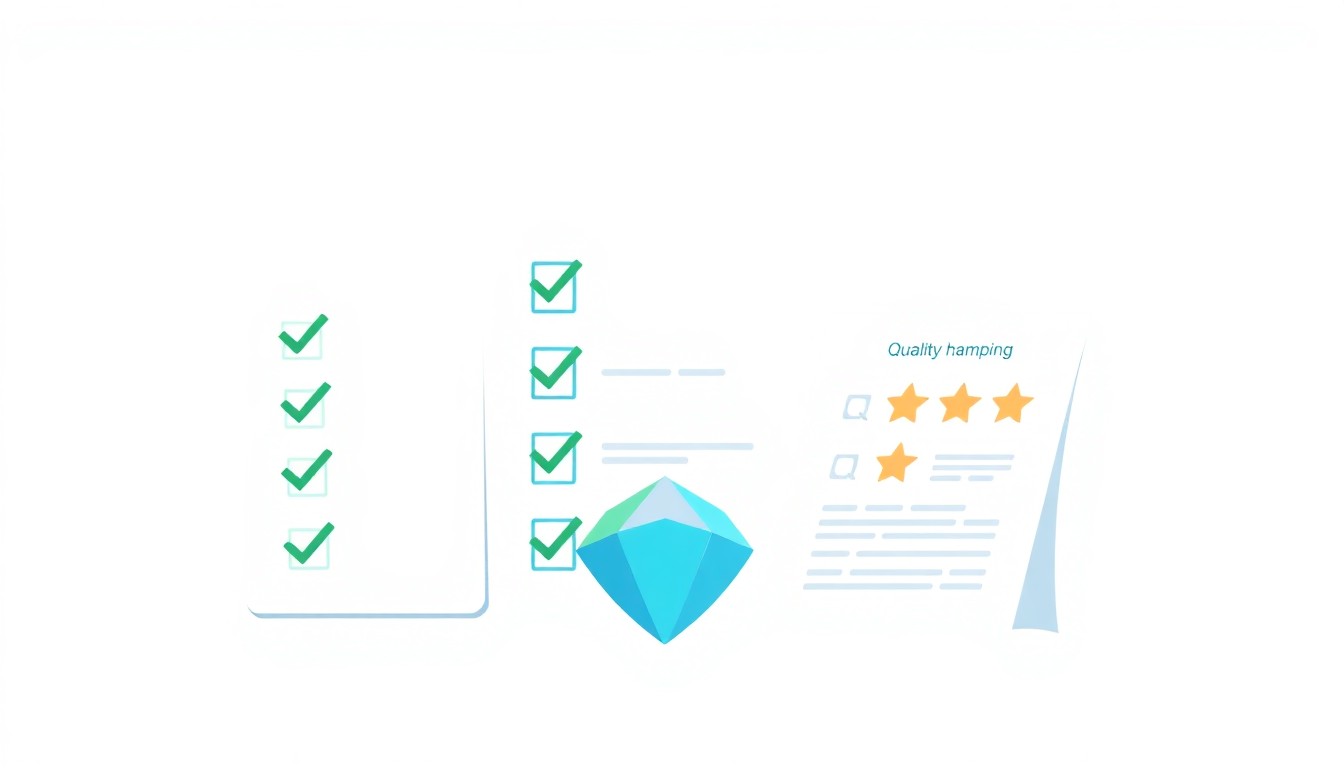 Best practices illustration: quality checklist with green checkmarks, polished gem, and document with star ratings