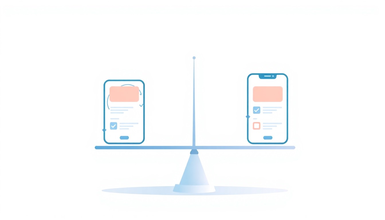Illustration of comparison: two app interface cards weighed against each other surrounded by feature checkmarks
