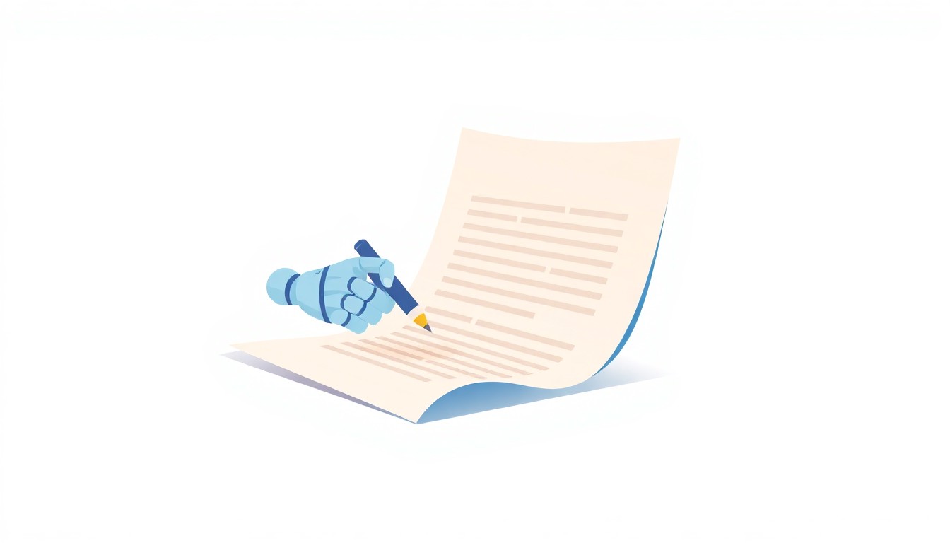AI blog writer for Shopify illustration: floating AI orb composing blog content with glowing pen strokes