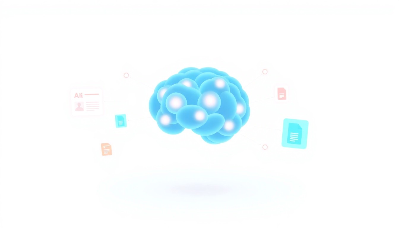 AI blog writer concept: glowing neural network connected to floating blog article cards