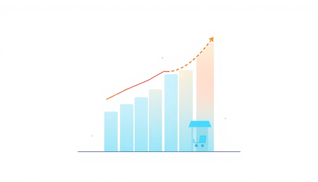 Organic traffic growth chart with upward arrow over a stylized e-commerce shop