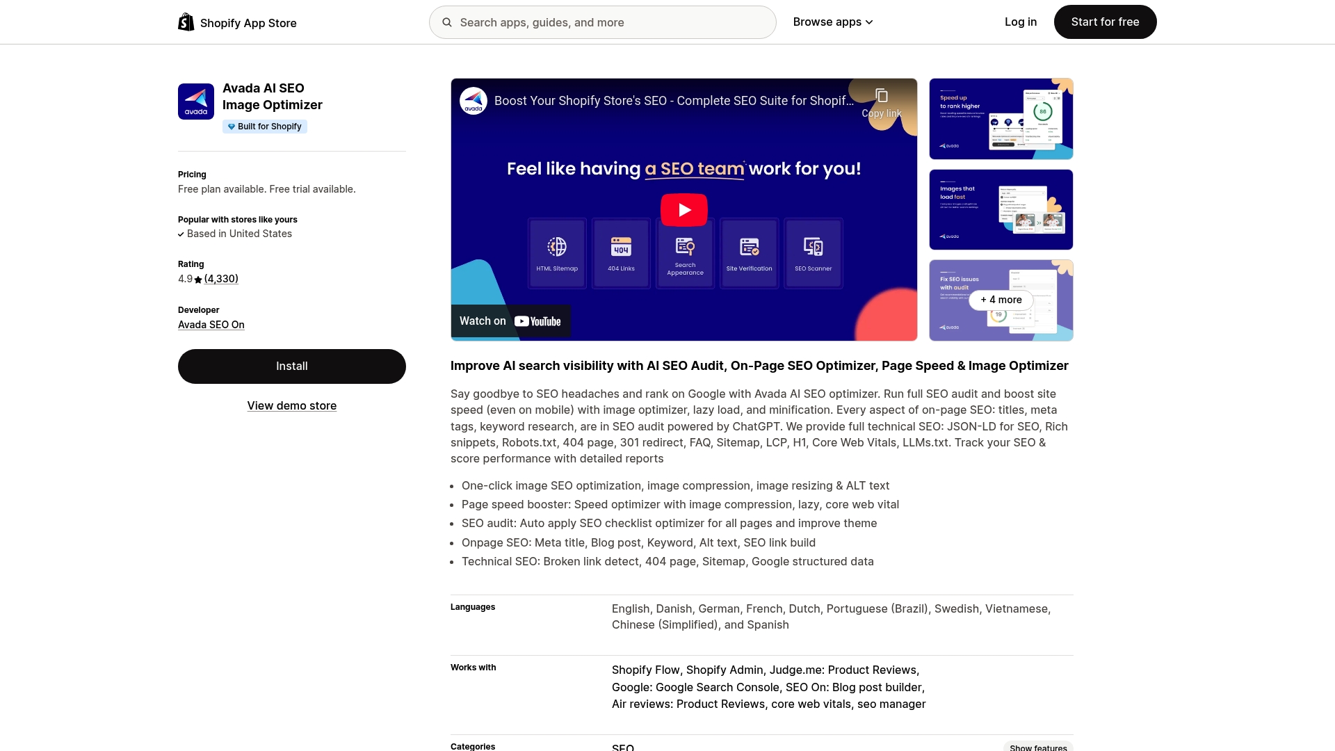 AVADA SEO Suite Shopify app screenshot