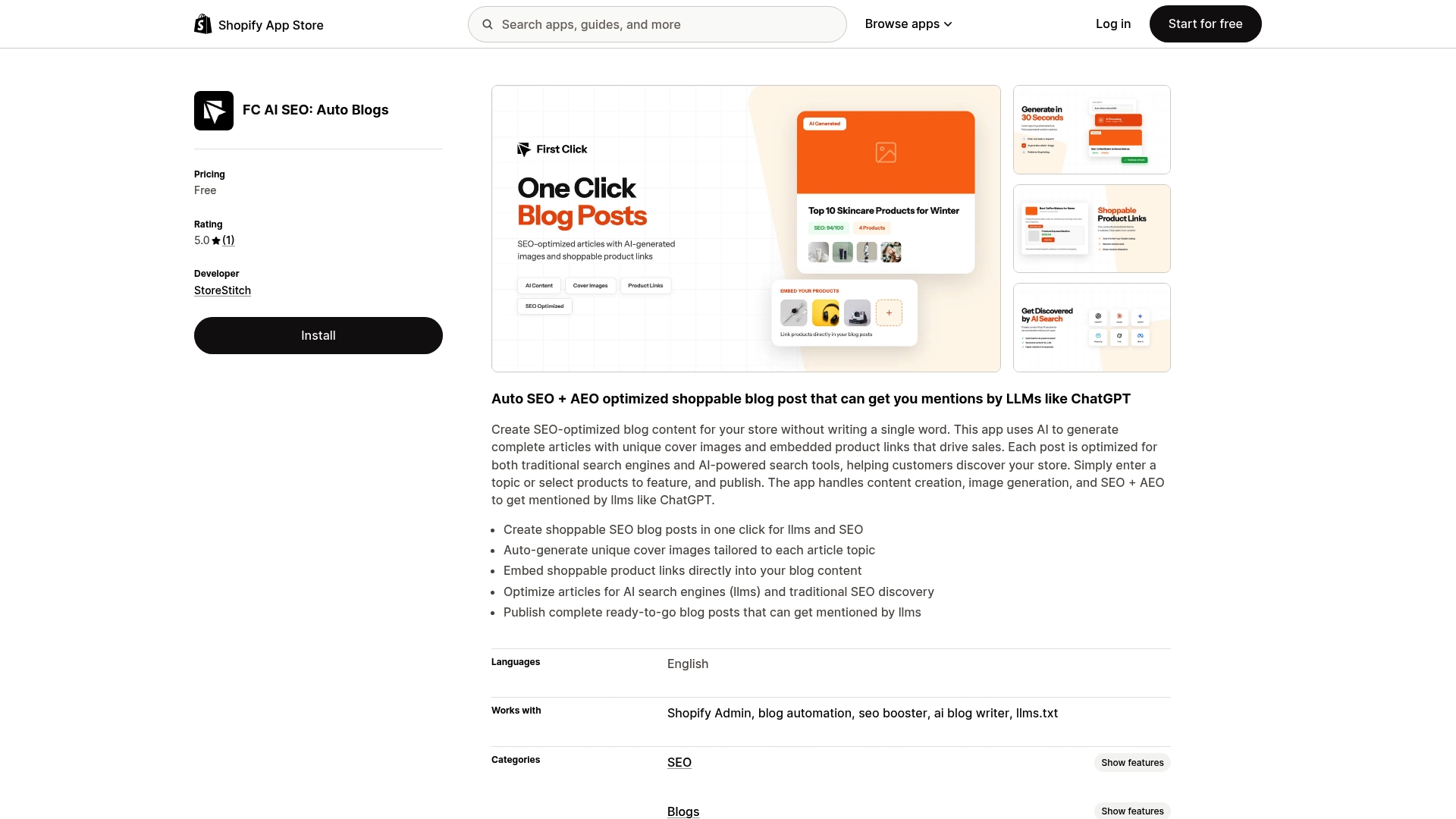 First Click: AI SEO & Blogs Shopify app screenshot