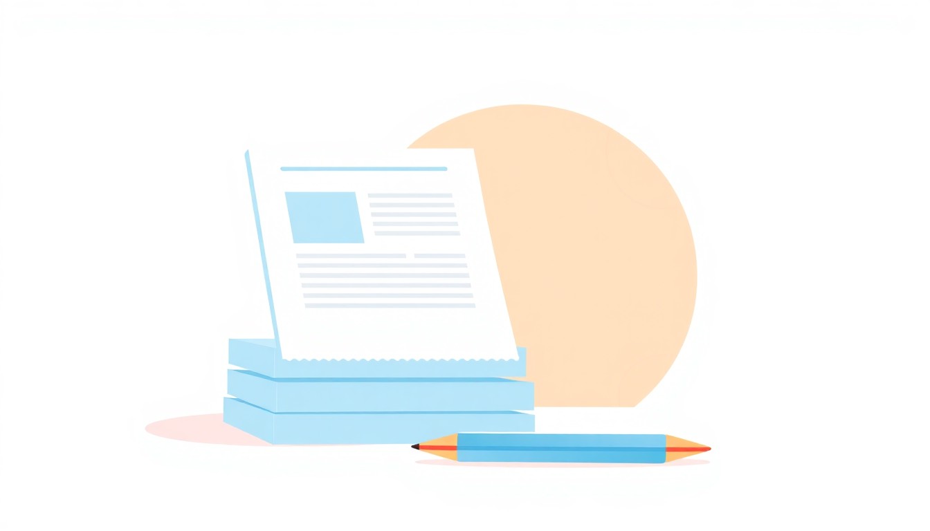 Content SEO illustration: stacked blog articles and floating content blocks beside a stylus
