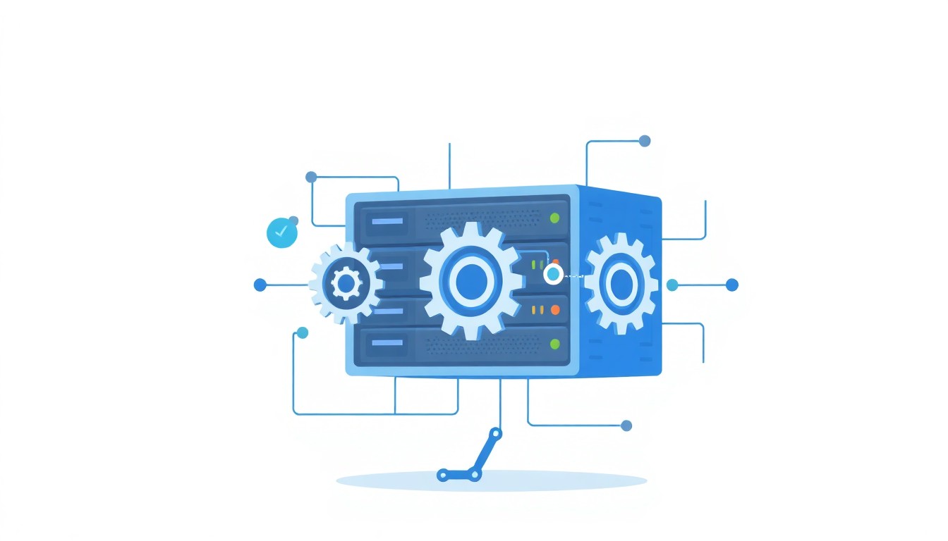 Technical SEO illustration: server rack, gears, and circuit lines representing site infrastructure