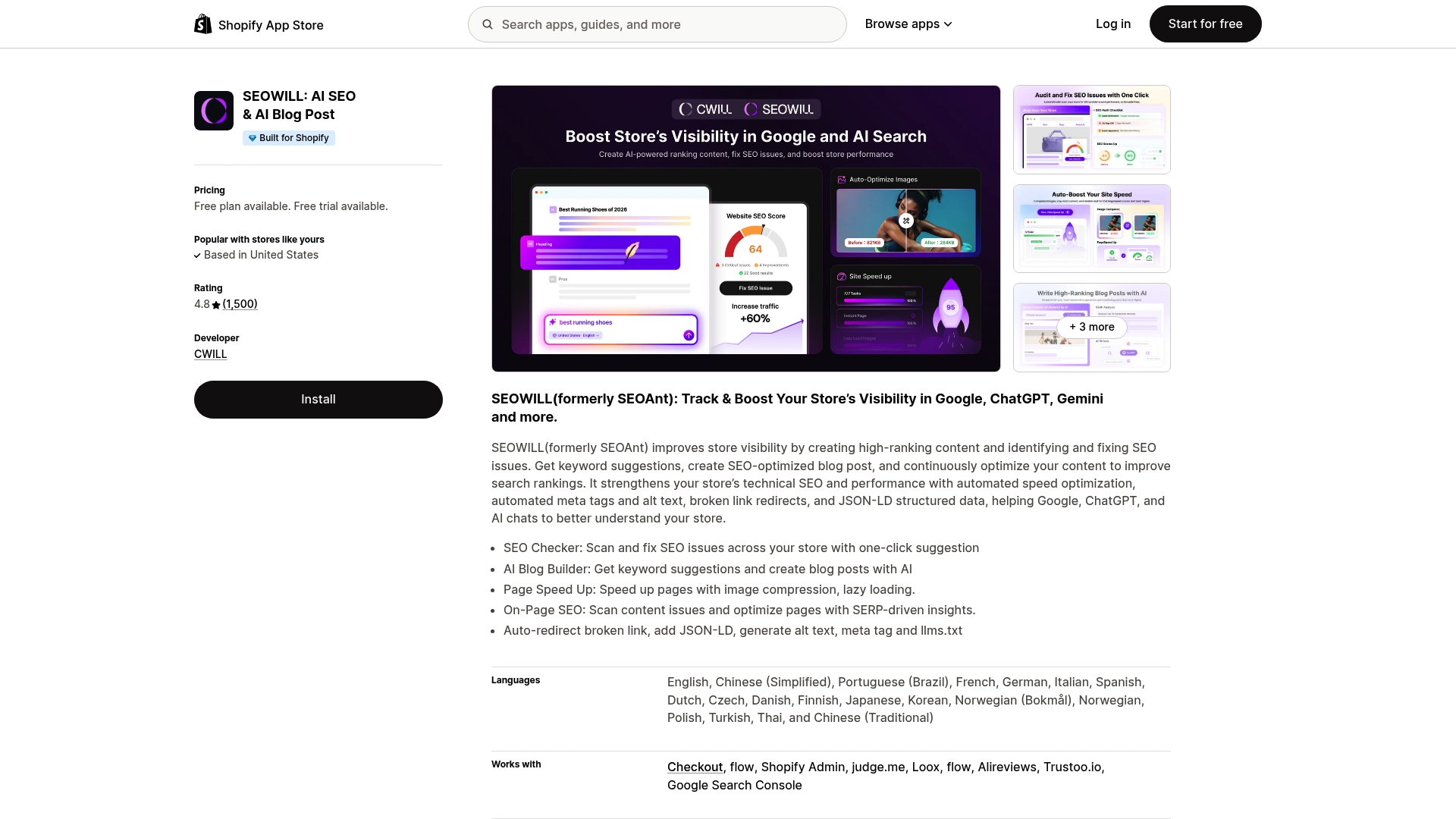 SEOWILL (formerly SEOAnt) Shopify app screenshot